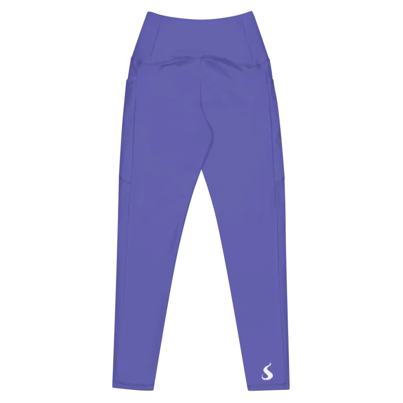 Legging de sport pour femme taille haute avec double poche de couleur violet. Coupe taille haute pour un effet sculptant et un maintien optimal. Photo du produit de derrière.