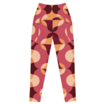 Legging de sport pour femme taille haute avec double poche à motif rétro avec des formes géométriques de couleur rose, bordeaux et orange. Coupe taille haute pour un effet sculptant et un maintien optimal. Photo du produit de face.