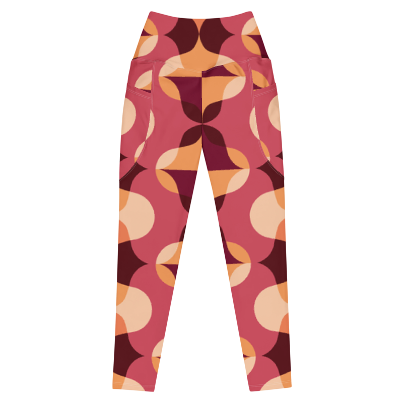 Legging de sport pour femme taille haute avec double poche à motif rétro avec des formes géométriques de couleur rose, bordeaux et orange. Coupe taille haute pour un effet sculptant et un maintien optimal. Photo du produit de face.