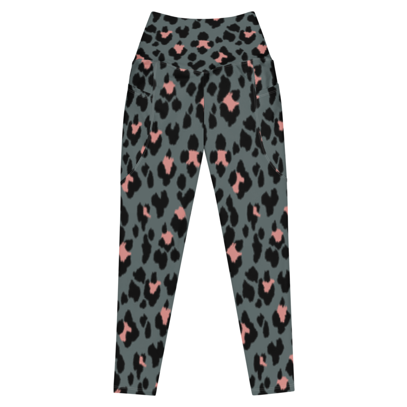 Legging de sport pour femme taille haute avec double poche de couleur vert kiki avec un motif léopard rose et noir. Coupe taille haute pour un effet sculptant et un maintien optimal. Photo du produit de face.