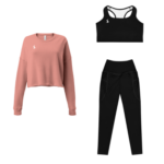 Tenue de sport pour femme composé d'un legging, d'une brassière noire et d'un pull rose.