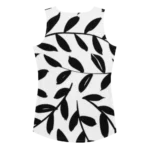 Débardeur de sport pour femme à motif feuillage noir sur un fond blanc. Le débardeur a des emmanchure larges pour un confort maximale et une liberté de mouvement. Le produit est présenté de dos.