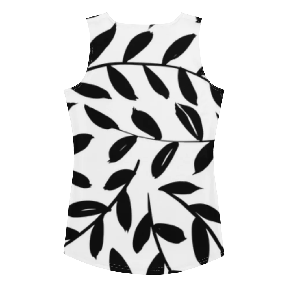 Débardeur de sport pour femme à motif feuillage noir sur un fond blanc. Le débardeur a des emmanchure larges pour un confort maximale et une liberté de mouvement. Le produit est présenté de dos.
