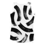 Débardeur de sport pour femme à motif "effet coups de pinceau noir sur un fond blanc. Le débardeur a des emmanchure larges pour un confort maximale et une liberté de mouvement. Le produit est présenté de dos.