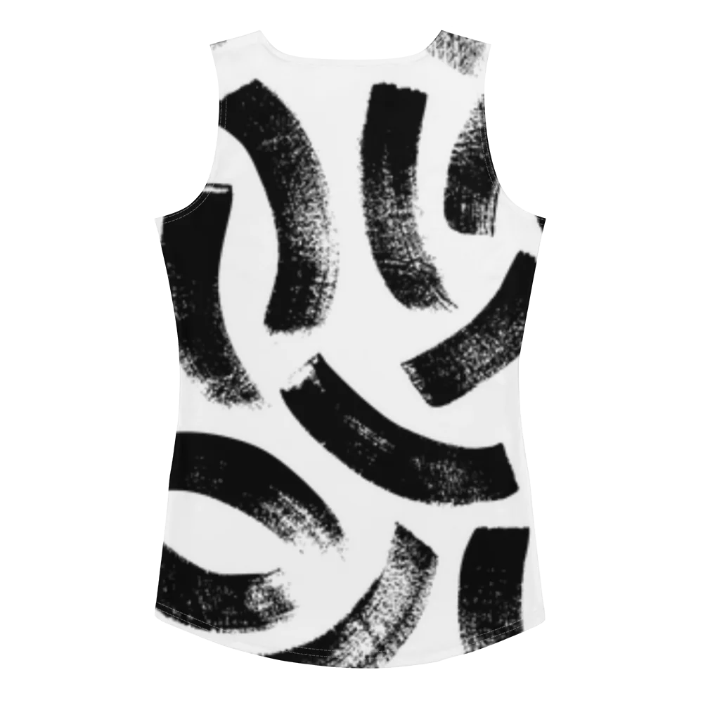 Débardeur de sport pour femme à motif "effet coups de pinceau noir sur un fond blanc. Le débardeur a des emmanchure larges pour un confort maximale et une liberté de mouvement. Le produit est présenté de dos.