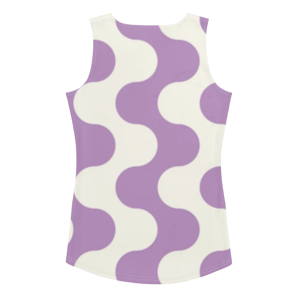 Débardeur de sport pour femme à motif "effet vague" violet et blanc. le débardeur a des emmanchure larges pour un confort maximale et une liberté de mouvement. Le produit est montré de dos.
