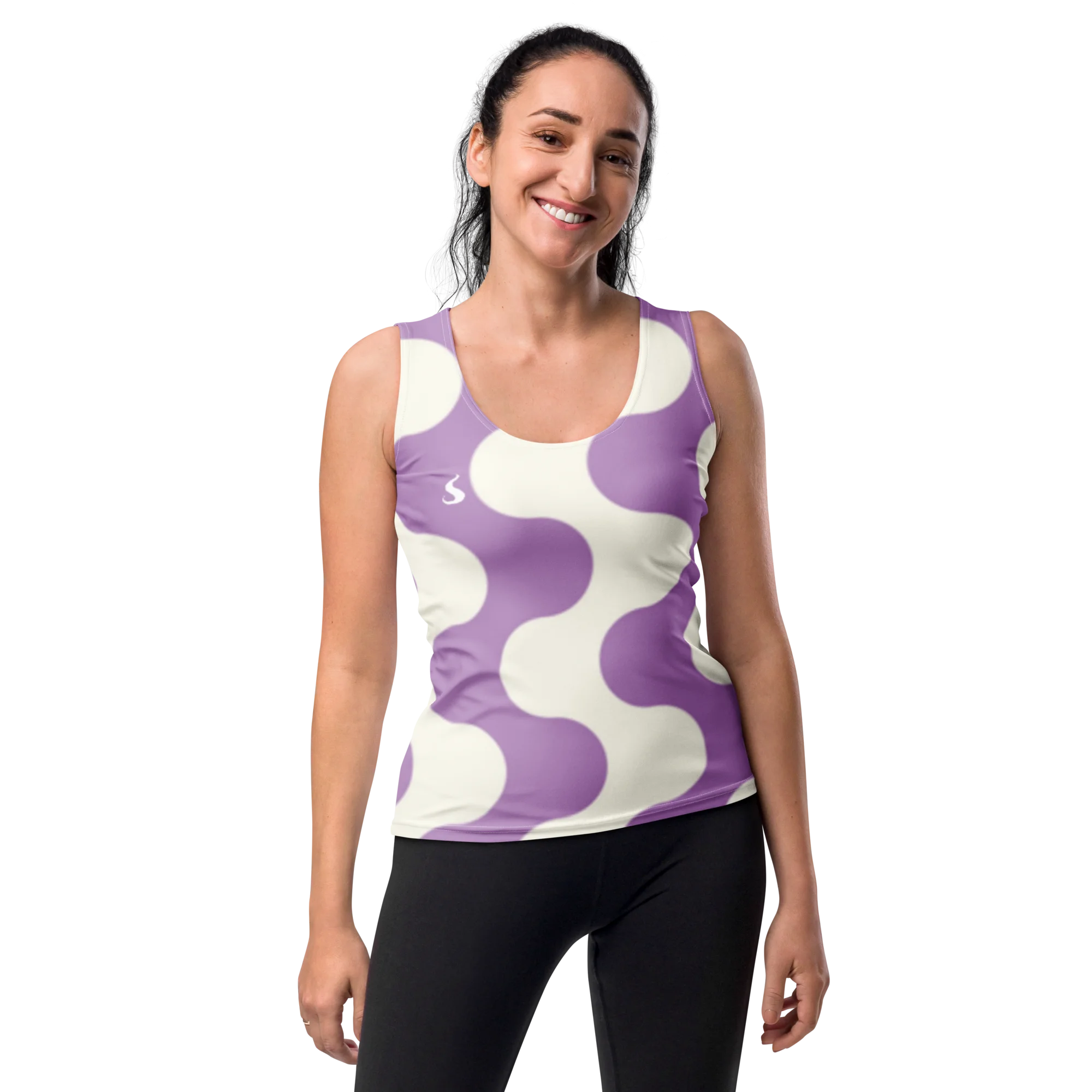 Débardeur de sport pour femme à motif "effet vague" violet et blanc. le débardeur a des emmanchure larges pour un confort maximale et une liberté de mouvement. Le produit est montré porté sur le mannequin de face