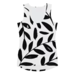 Débardeur de sport pour femme à motif feuillage noir sur un fond blanc. Le débardeur a des emmanchure larges pour un confort maximale et une liberté de mouvement. Le produit est présenté de face.