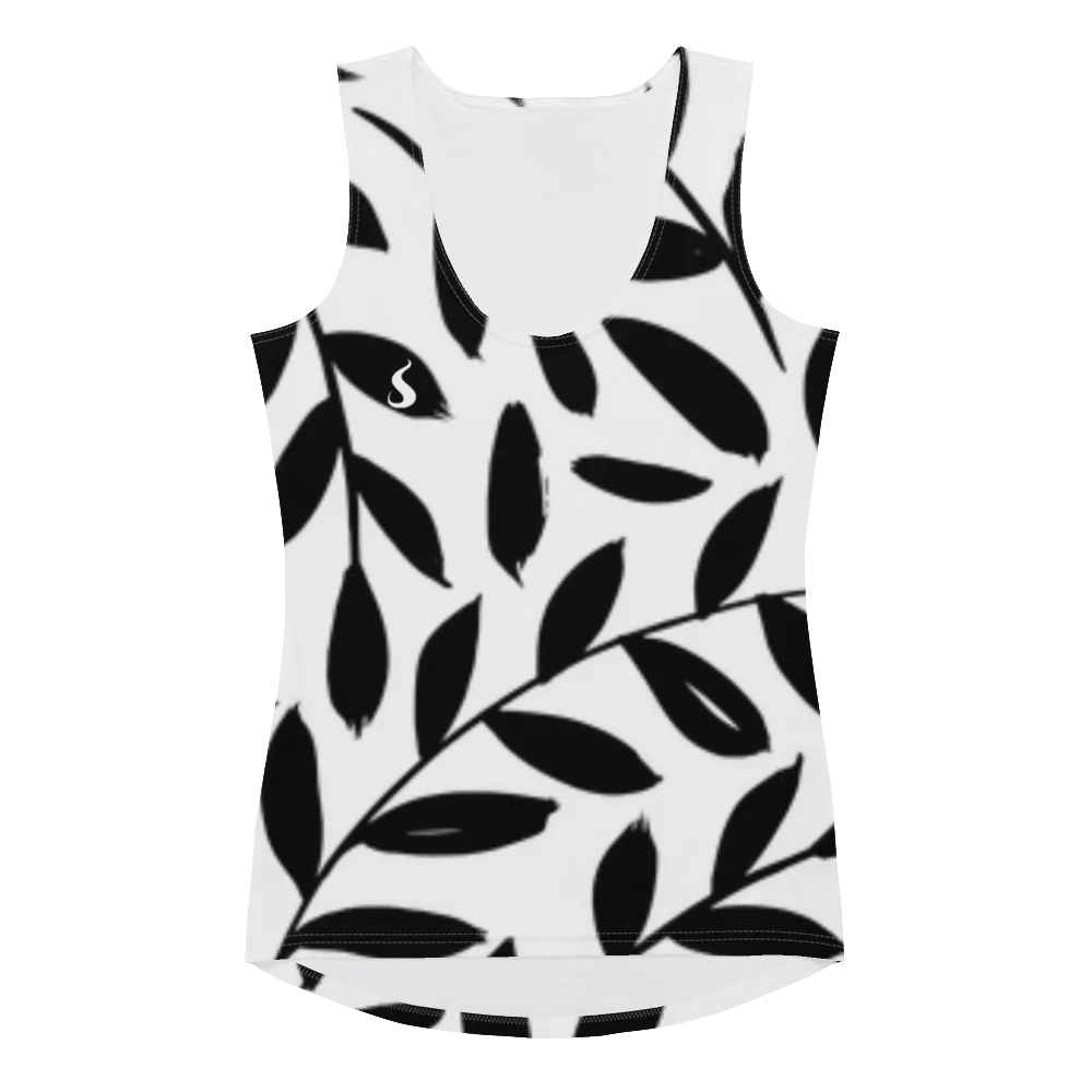 Débardeur de sport pour femme à motif feuillage noir sur un fond blanc. Le débardeur a des emmanchure larges pour un confort maximale et une liberté de mouvement. Le produit est présenté de face.