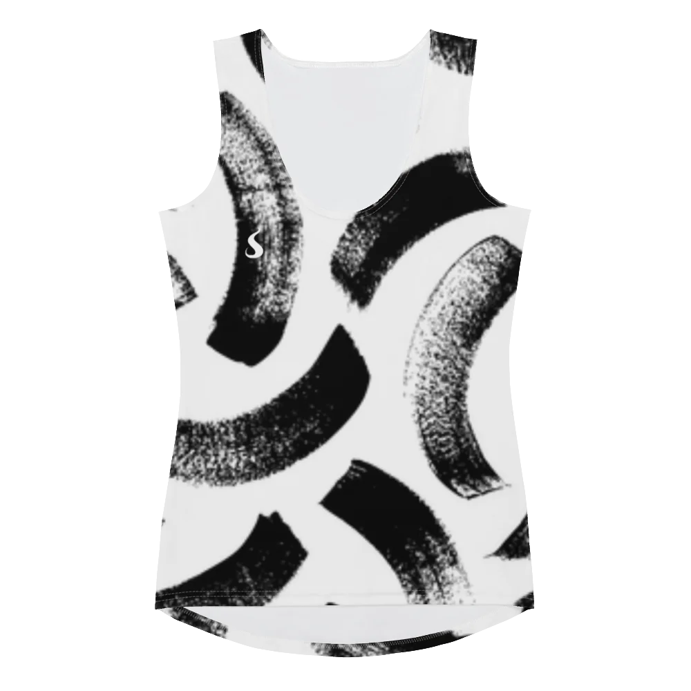 Débardeur de sport pour femme à motif "effet coups de pinceau noir sur un fond blanc. Le débardeur a des emmanchure larges pour un confort maximale et une liberté de mouvement. Le produit est présenté de face.