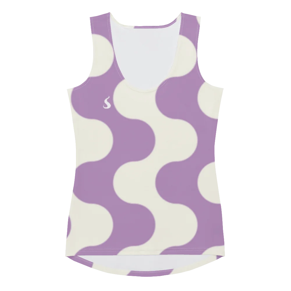 Débardeur de sport pour femme à motif "effet vague" violet et blanc. le débardeur a des emmanchure larges pour un confort maximale et une liberté de mouvement. Le produit est montré de face.