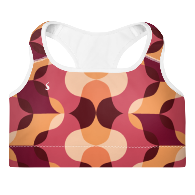 Brassière de sport Sweat Hold Up en nylon Econyl, douce et respirante, avec dos nageur pour un maintien léger. Disponible dans plusieurs motifs. Photo du produit de face avec le motif Rétro avec les couleur orange, rose, bordeaux.