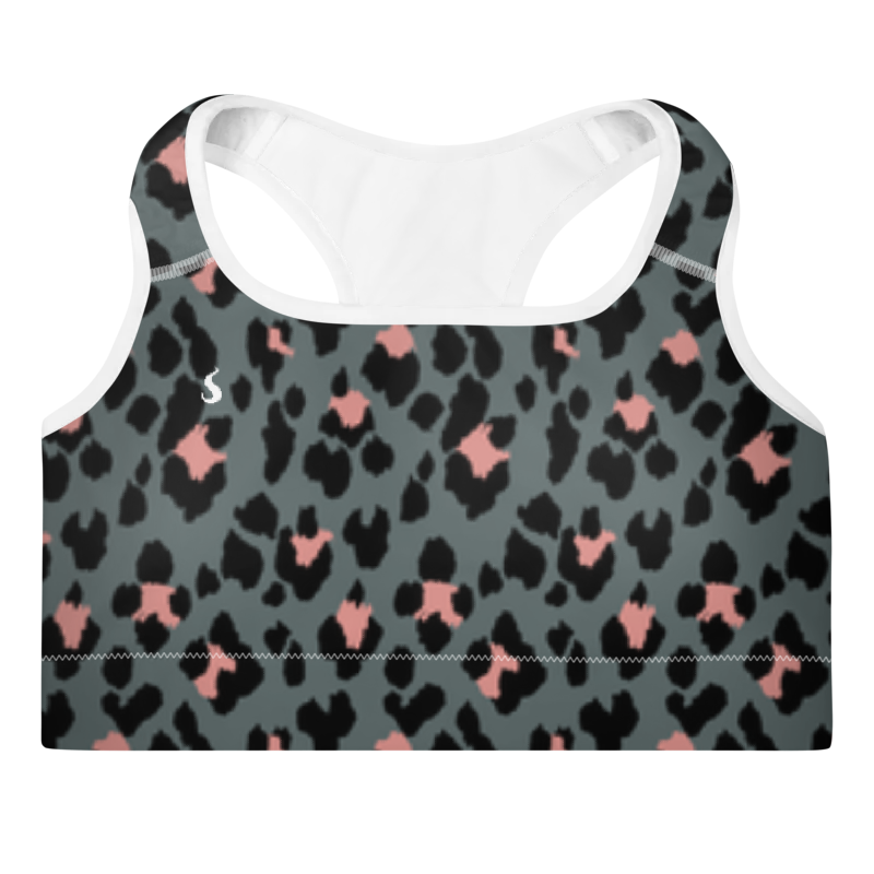 Brassière de sport Sweat Hold Up en nylon Econyl, douce et respirante, avec dos nageur pour un maintien léger. Disponible dans plusieurs motifs. Photo du produit de face avec le motif Léopard vert kaki et rose.