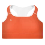 Brassière de sport Sweat Hold Up en nylon Econyl, douce et respirante, avec dos nageur pour un maintien léger. Disponible en rose, violet et orange. Photo du produit de face.