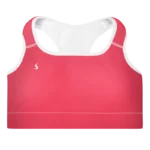 Brassière de sport Sweat Hold Up en nylon Econyl, douce et respirante, avec dos nageur pour un maintien léger. Disponible en rose, violet et orange. Photo du produit de face.