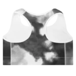 Brassière de sport Sweat Hold Up en nylon Econyl, douce et respirante, avec dos nageur pour un maintien léger. Disponible dans plusieurs motifs. Photo du produit de dos avec le motif Tie and dye noir et blanc.