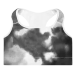 Brassière de sport Sweat Hold Up en nylon Econyl, douce et respirante, avec dos nageur pour un maintien léger. Disponible dans plusieurs motifs. Photo du produit de face avec le motif Tie and dye noir et blanc.