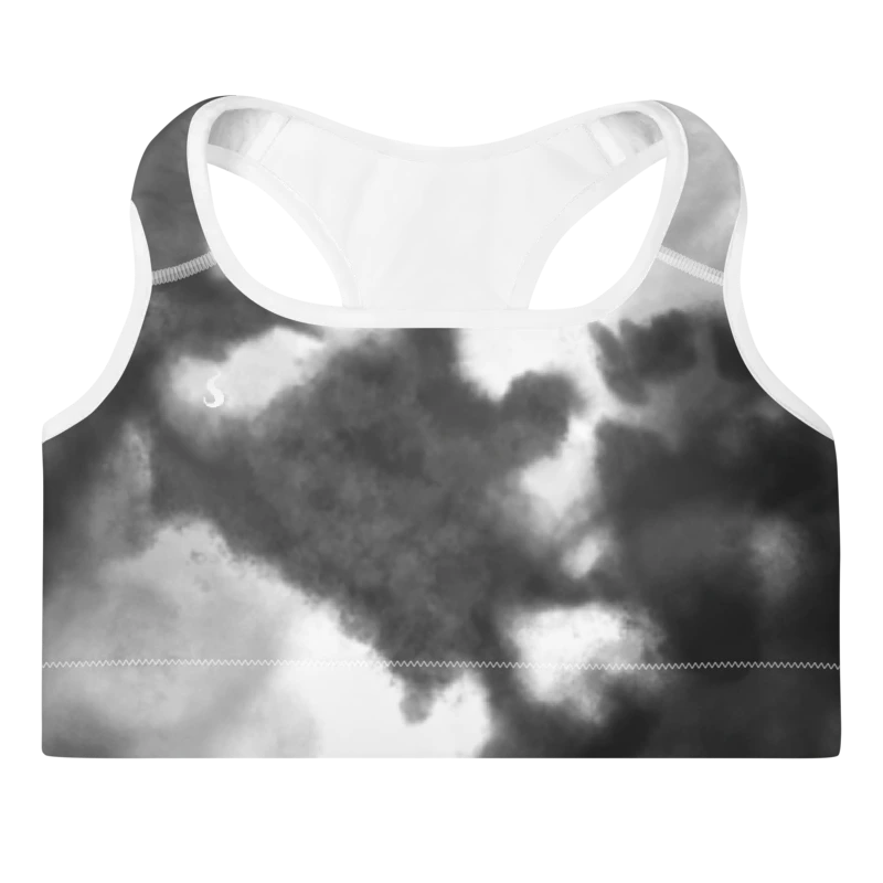 Brassière de sport Sweat Hold Up en nylon Econyl, douce et respirante, avec dos nageur pour un maintien léger. Disponible dans plusieurs motifs. Photo du produit de face avec le motif Tie and dye noir et blanc.
