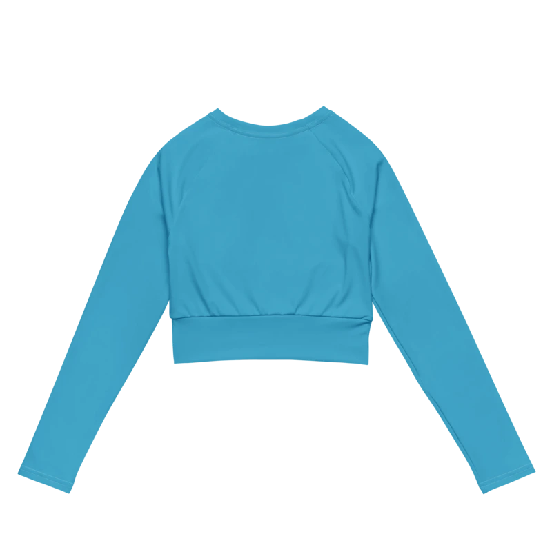 Crop top de sport Hot Focus à manches longues en coloris bleu, conçu pour allier confort et style lors des entraînements. photo de dos du produit.