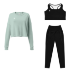 Ensemble de sport pour femme composé d'un legging et d'une brassière noire et d'un pull dans les tons vert d'eau.
