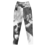 Legging de sport pour femme taille haute avec double poche à motif tie and dye "effet nuage" en noir, gris et blanc. Coupe taille haute pour un effet sculptant et un maintien optimal. Photo du produit de face.